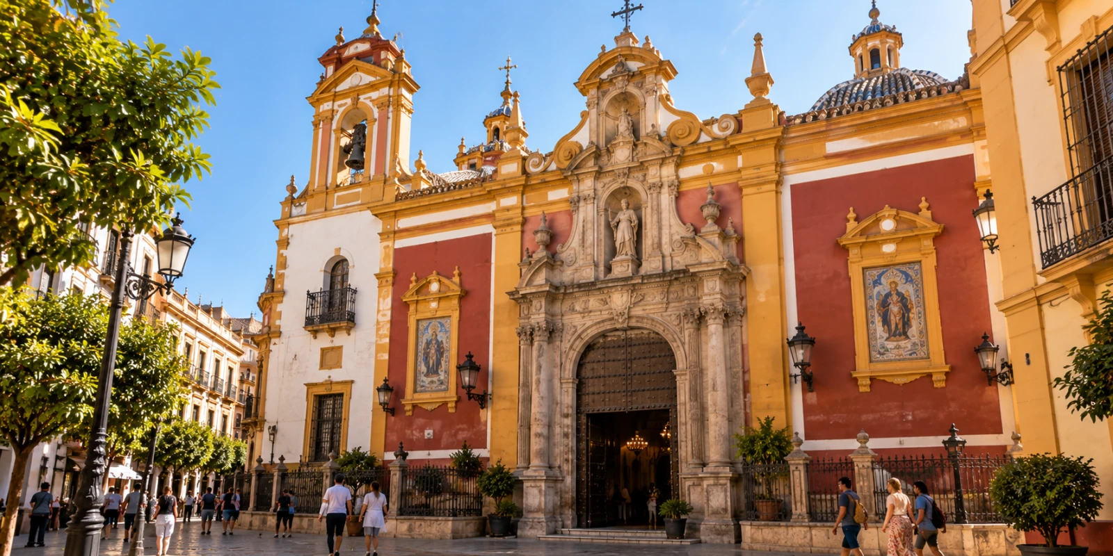 Fachada barroca de una basílica con portada de piedra, muros rojos y amarillos y azulejos sobre una plaza