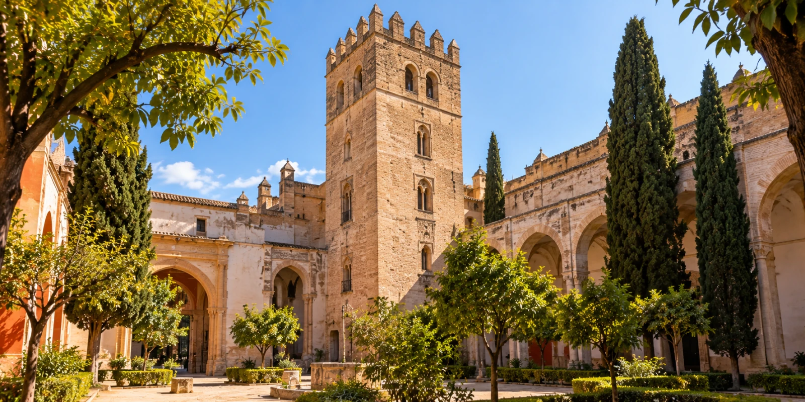 Patio ajardinado con cipreses y naranjos junto a una torre medieval almenada de piedra