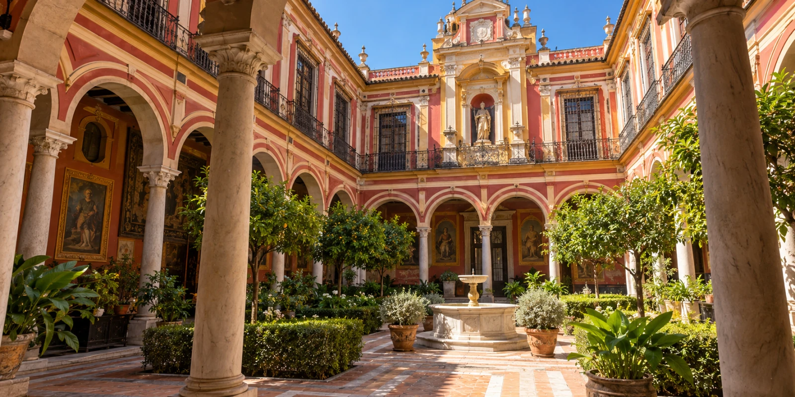 Patio porticado de columnas blancas y paredes rojas con una fuente central entre naranjos y macetas