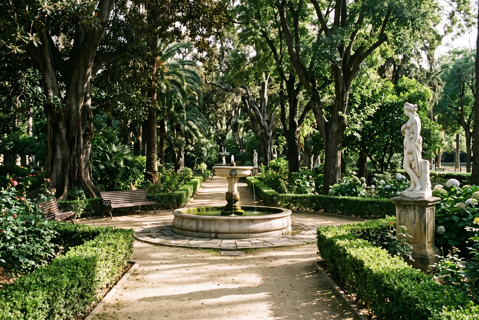 Paseo de arena entre árboles centenarios con una fuente de piedra y una estatua de mármol