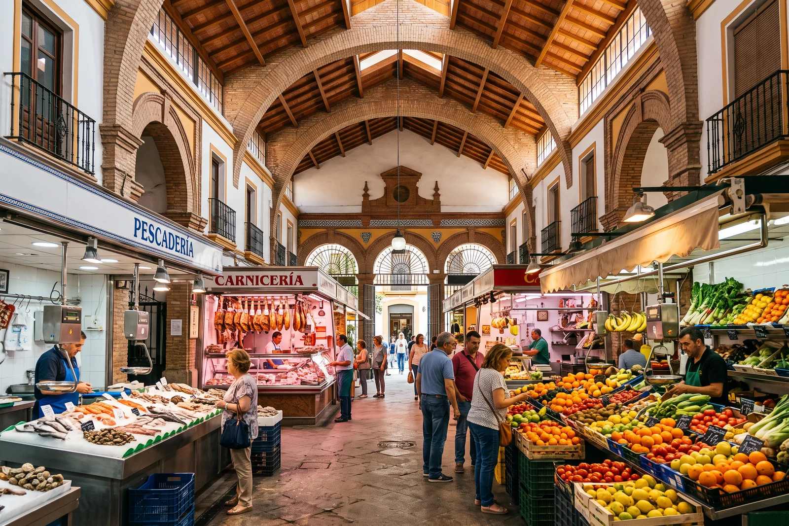 Interior de mercado con bóveda de madera y puestos de pescado, carne y fruta
