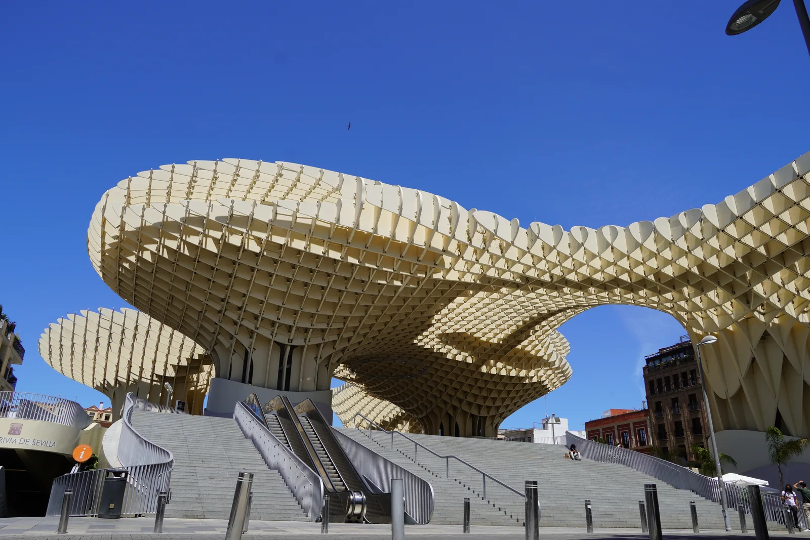 Gran estructura de madera en forma de setas sobre una plaza, con escalinata y escaleras mecánicas de acceso