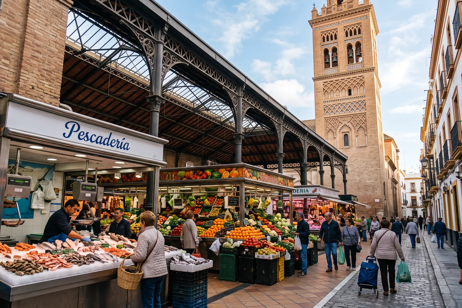 Mercado cubierto de hierro con puestos de pescado y fruta junto a una torre de iglesia de ladrillo
