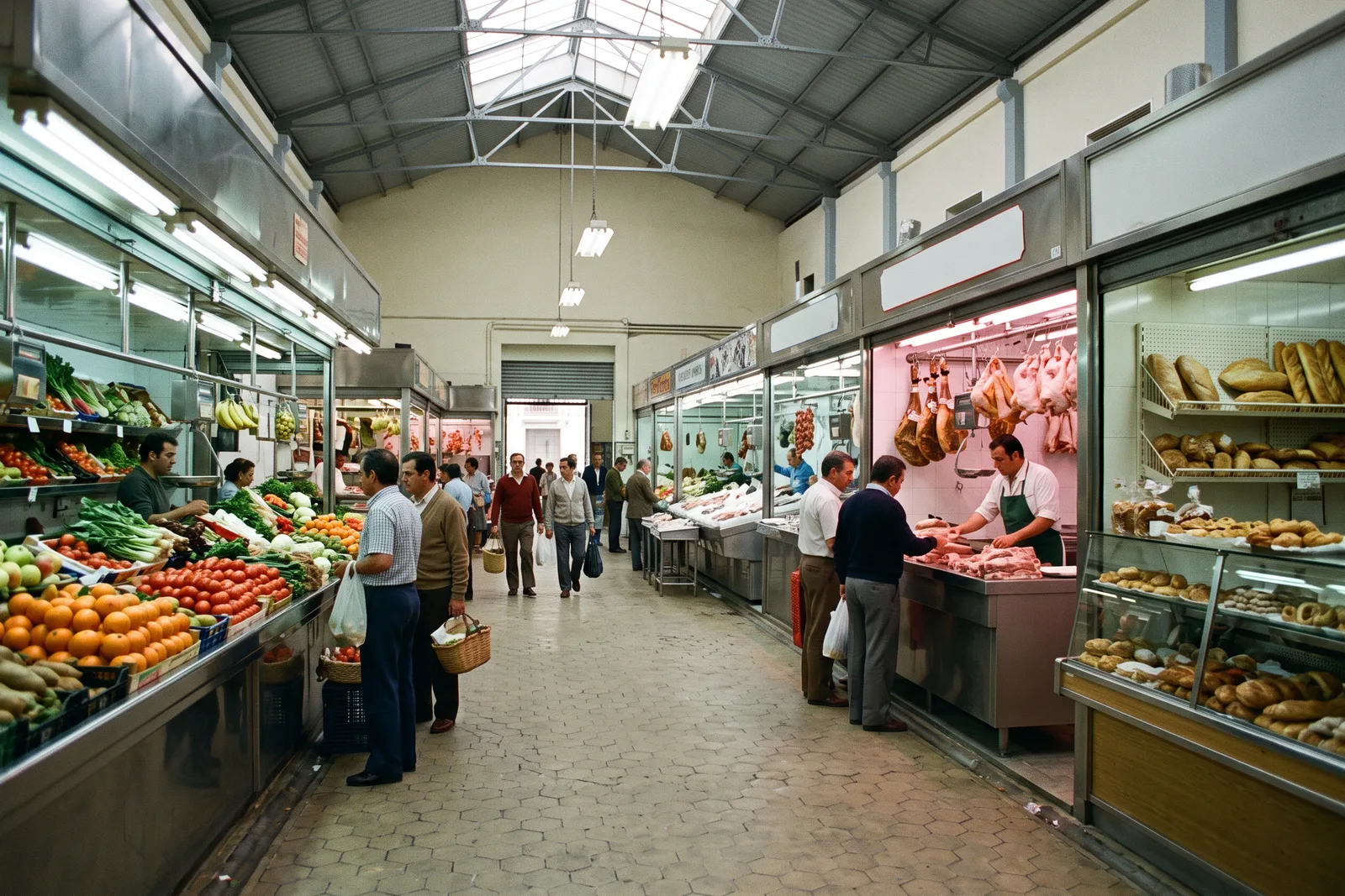 Interior luminoso de un mercado de barrio con puestos de fruta, carnicería y panadería
