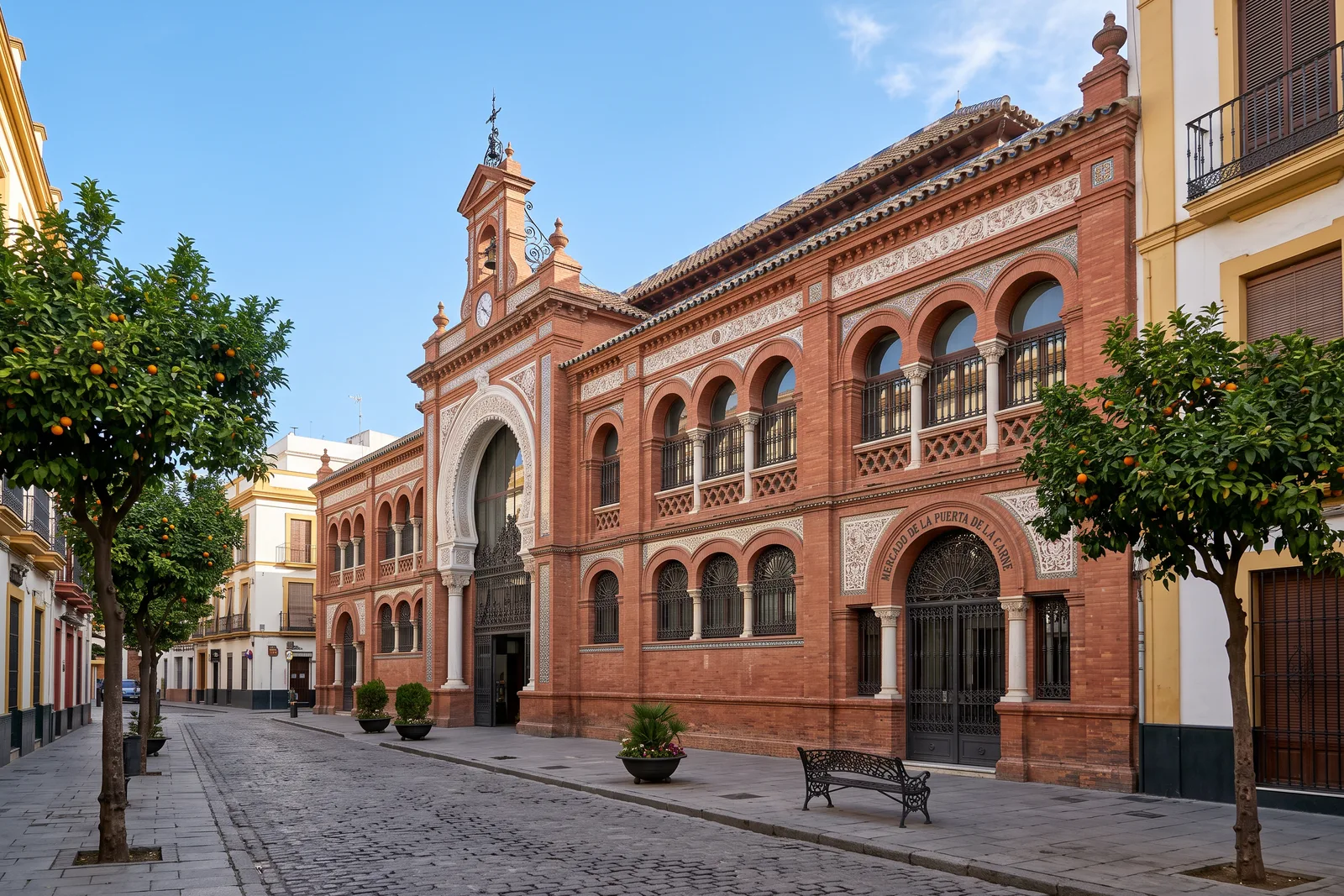 Edificio de mercado de ladrillo rojo con decoración blanca y ventanas en arco en una calle con naranjos