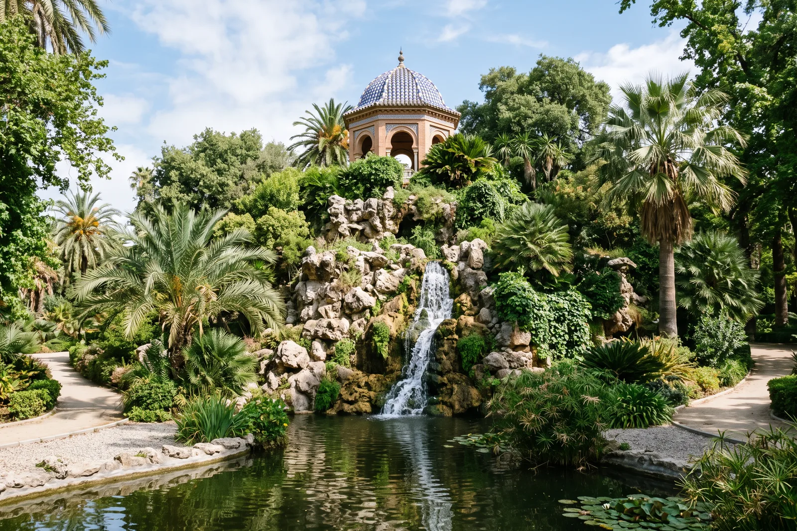 Montículo rocoso cubierto de vegetación con una cascada que cae a un estanque y un templete en lo alto