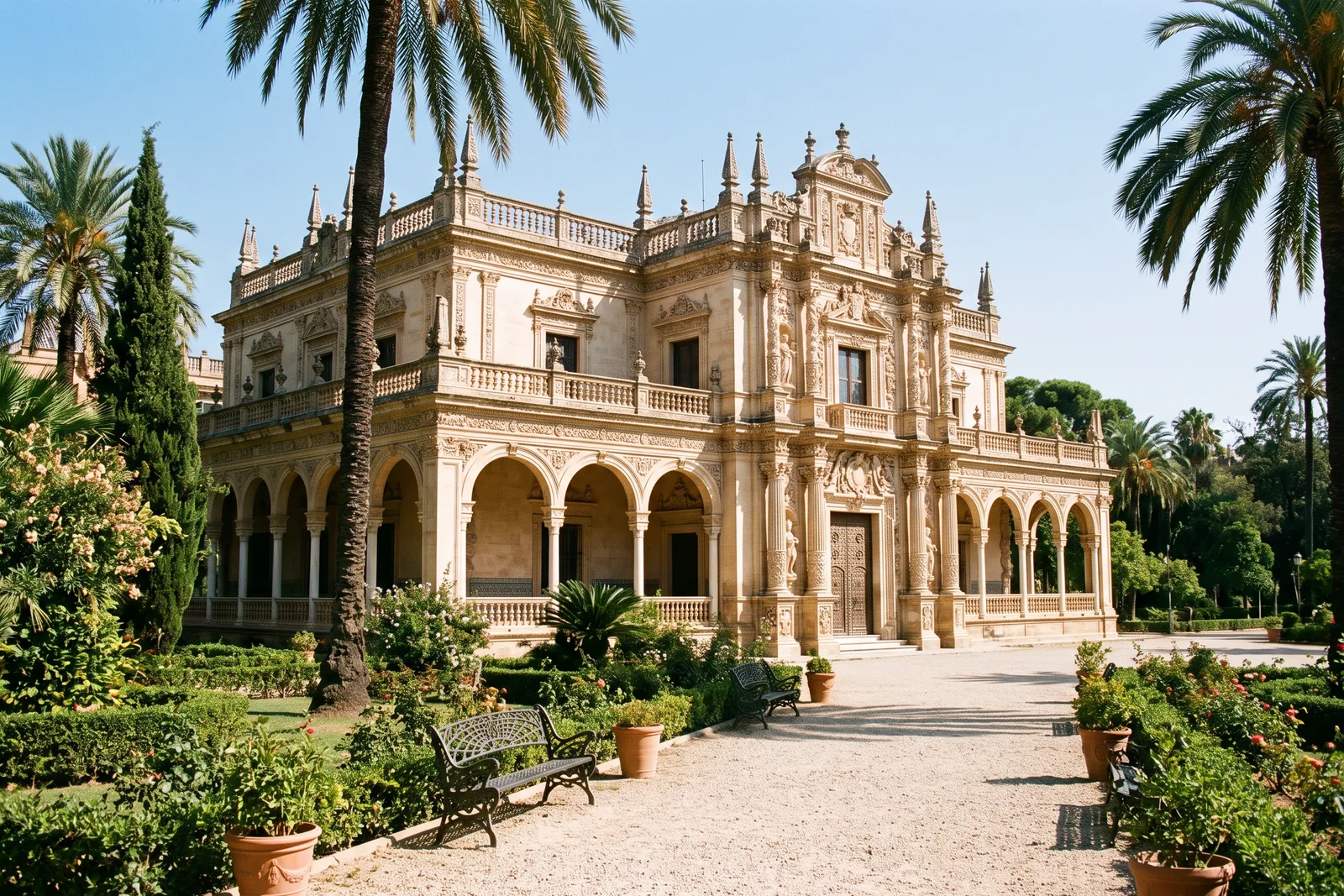 Pabellón neorrenacentista de piedra clara con galería de arcos y fachada labrada, entre palmeras y jardines