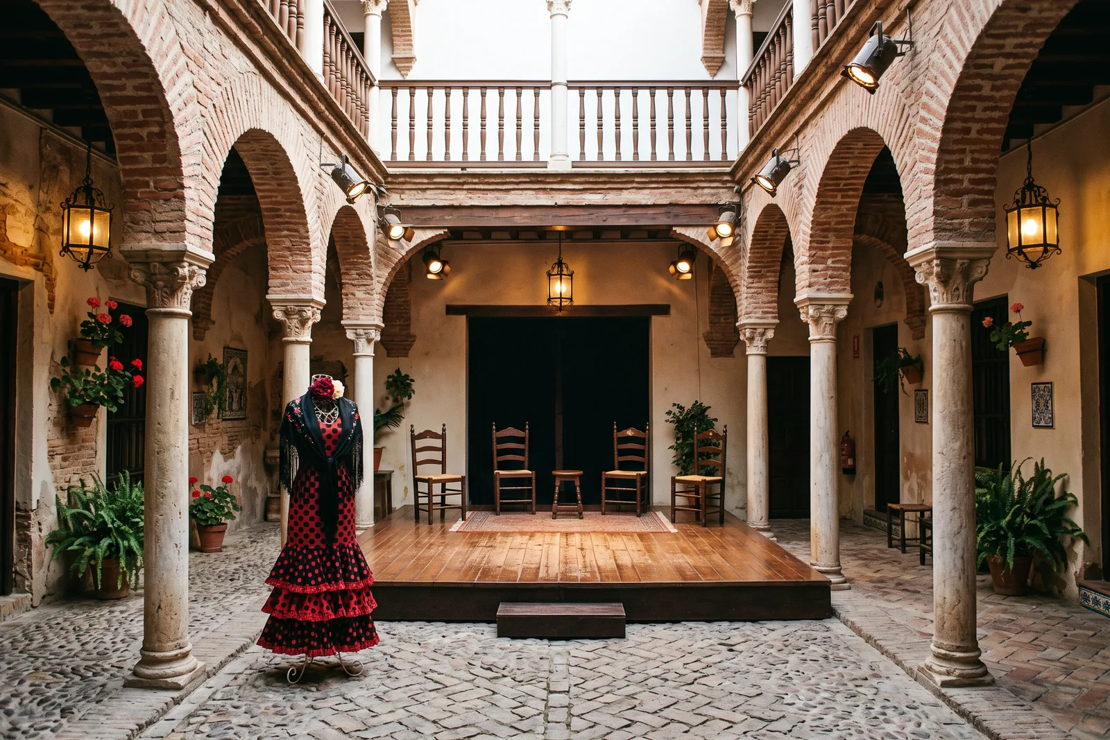 Patio de arcos de ladrillo con un pequeño escenario de madera, sillas y un traje de flamenca expuesto