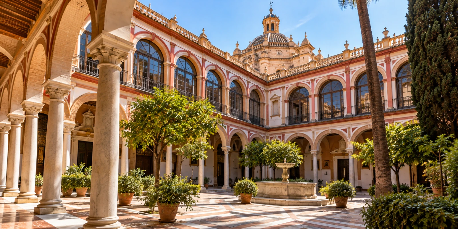 Claustro de arcos sobre columnas blancas con una fuente y naranjos, y una cúpula de azulejos al fondo