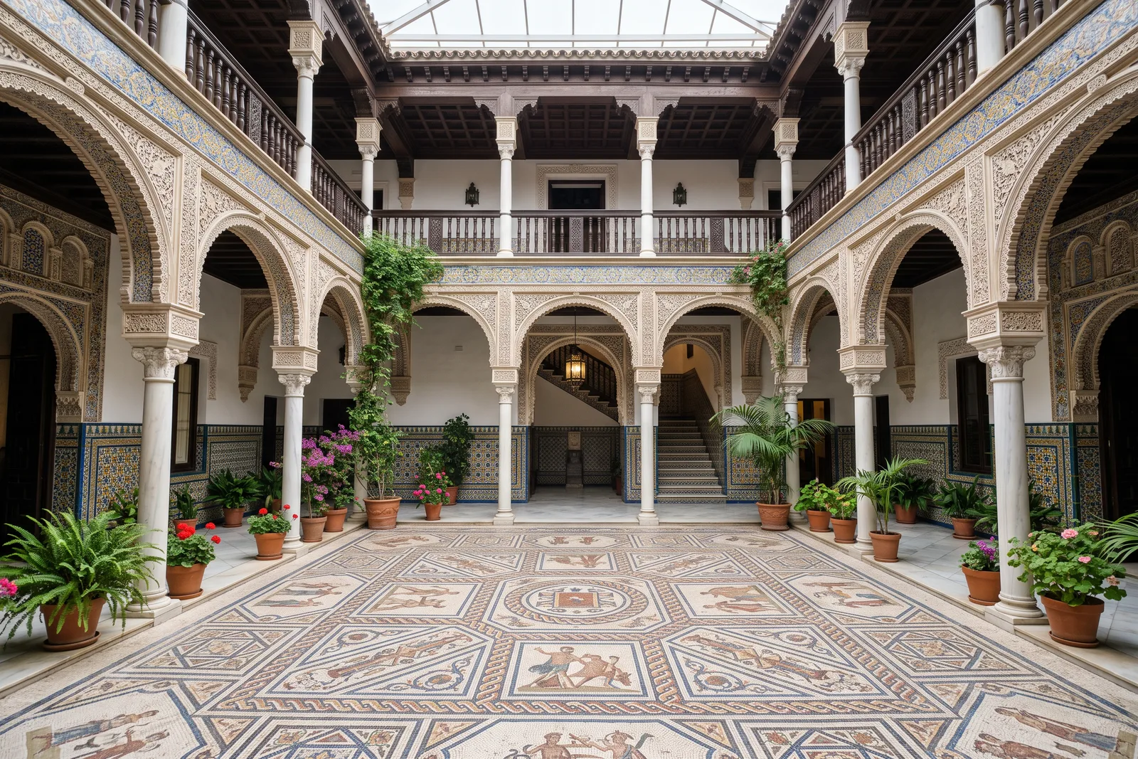 Patio con suelo de mosaico romano rodeado de arcos sobre columnas, azulejos y una galería superior