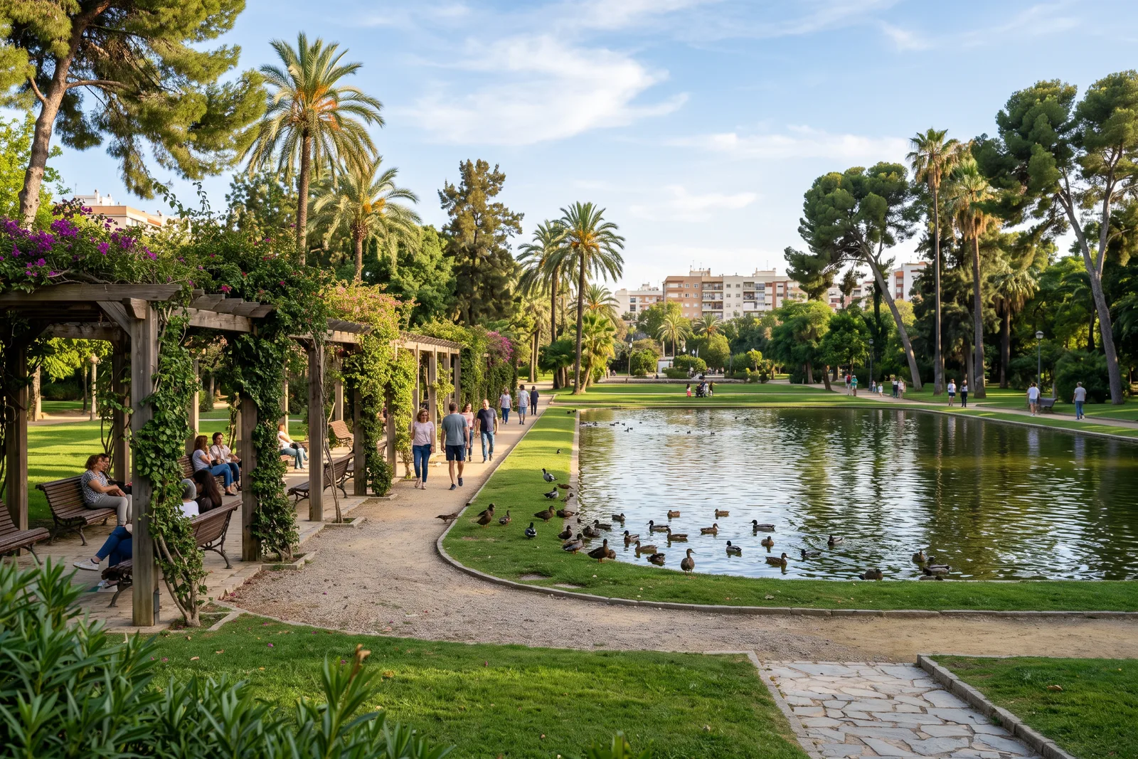 Estanque con patos, césped, palmeras y pinos y una pérgola con plantas trepadoras