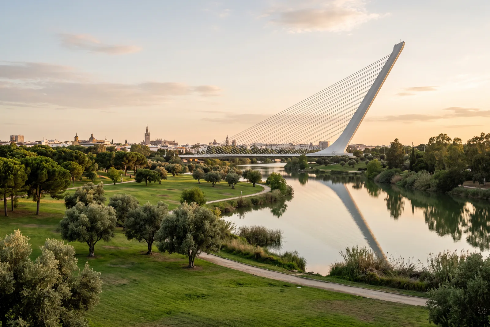 Praderas con olivos y un lago, con un puente blanco atirantado de mástil inclinado al fondo